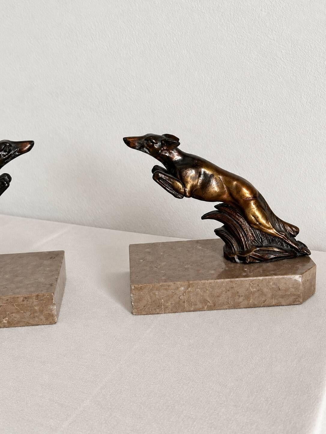 Marble and bronze metal bookends, Art Deco, greyhound, bookshelf.