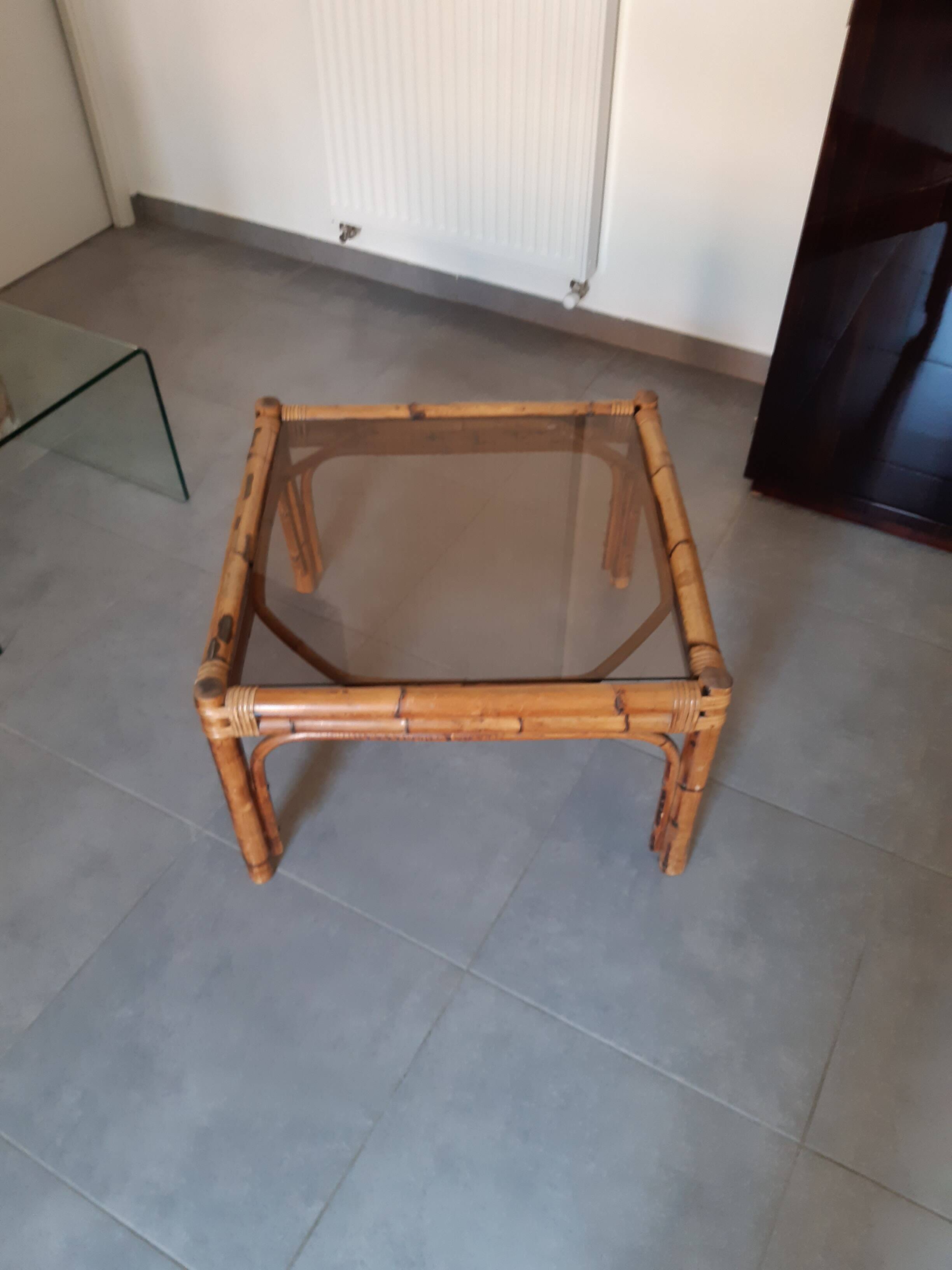 Vintage coffee table, rattan, bamboo and glass in the style of Vivai del Sud.