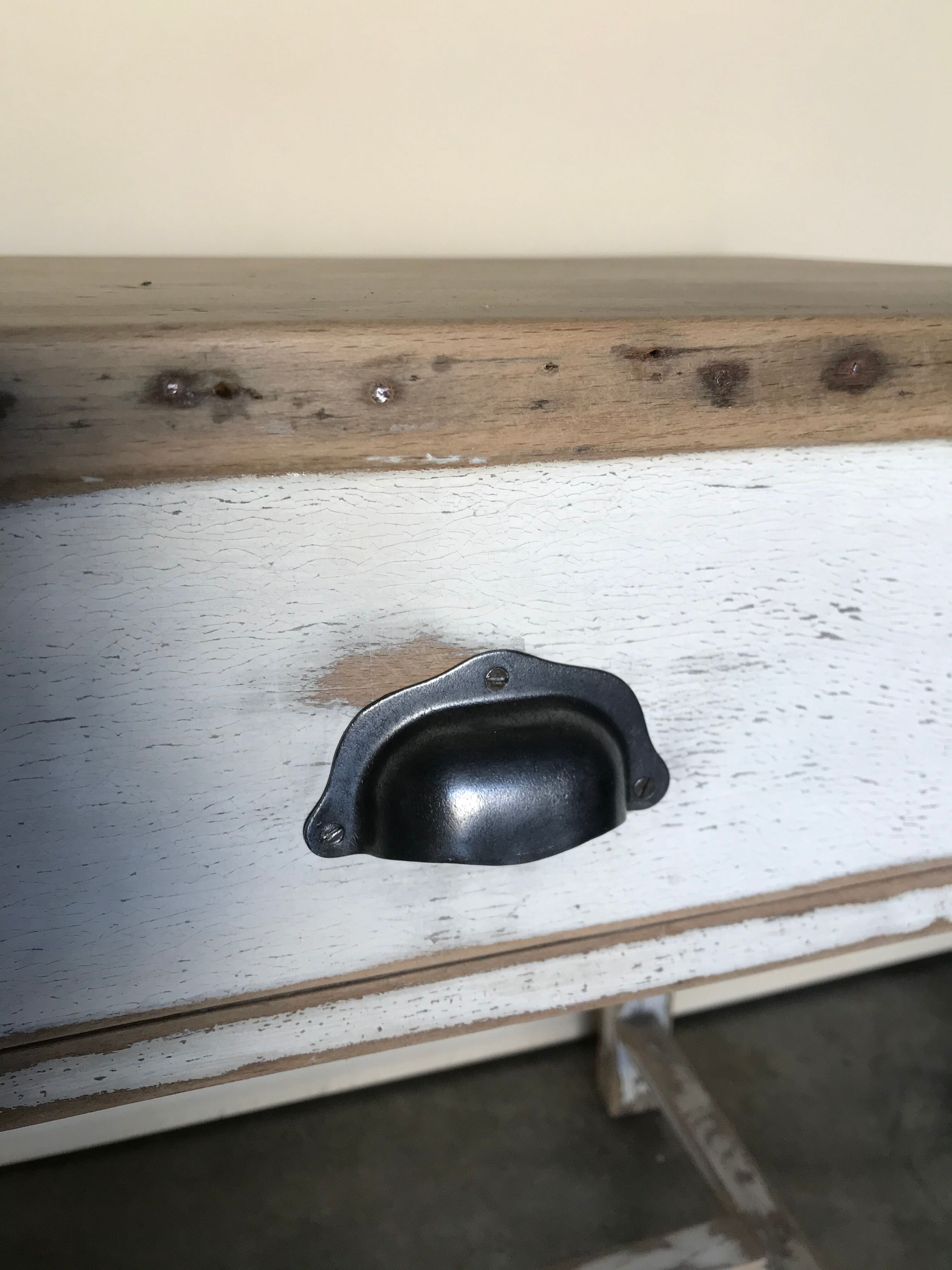 Table vintage wood in raw wood and white industrial chalk