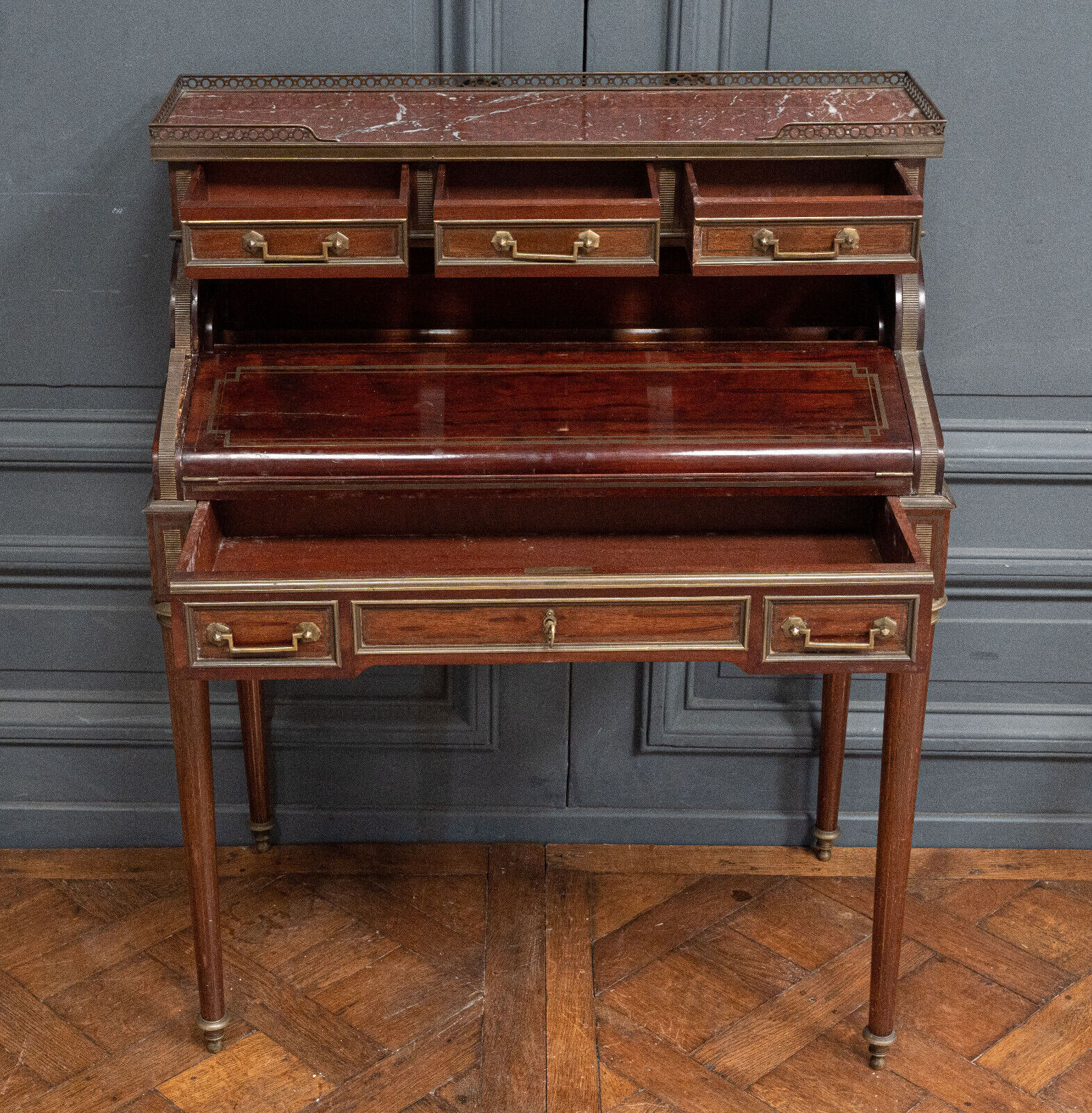 Mahogany cylinder desk nineteenth style Louis XVI red marble
