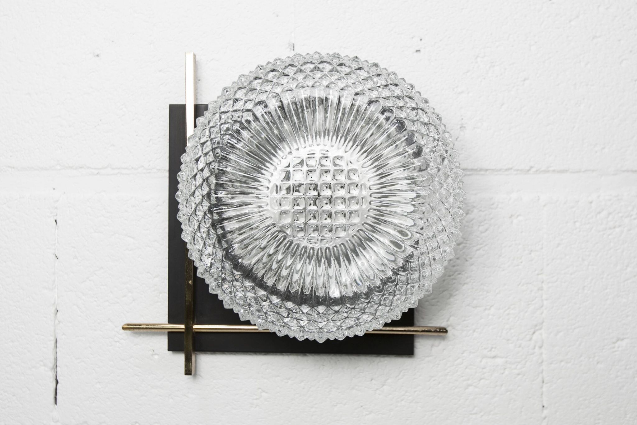 1960 wall light, black metal glass and gold brass rods