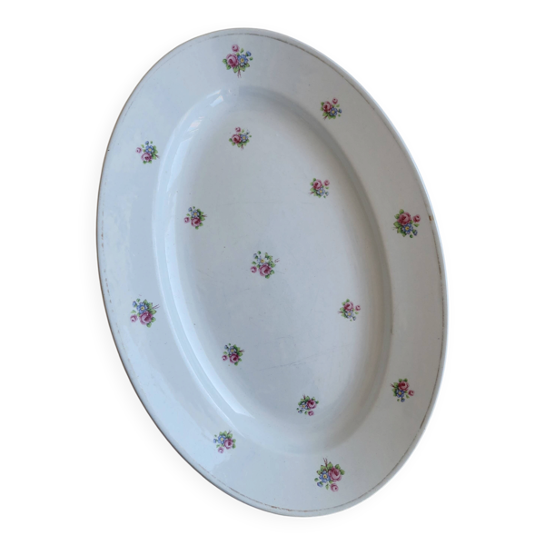 Plat de service ovale ancien faïence bleu pâle décor petites fleurs