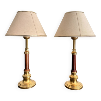 Pair of Brass-Gilded Bouillotte Lamps Vintage Wood Neo-Classical Shade