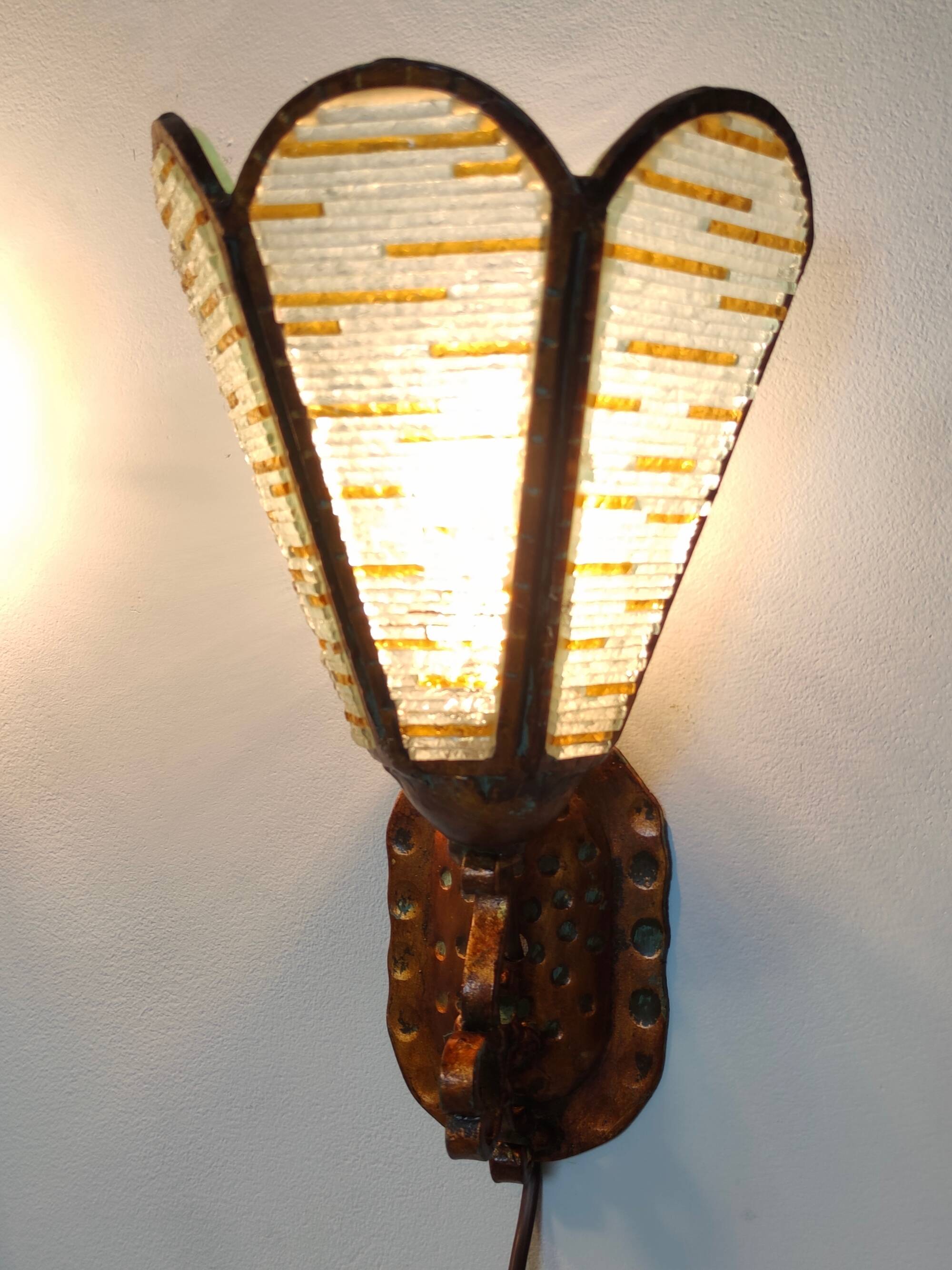 Pair of Copper and Murano Glass Appliques / Wall Lights, Italy
