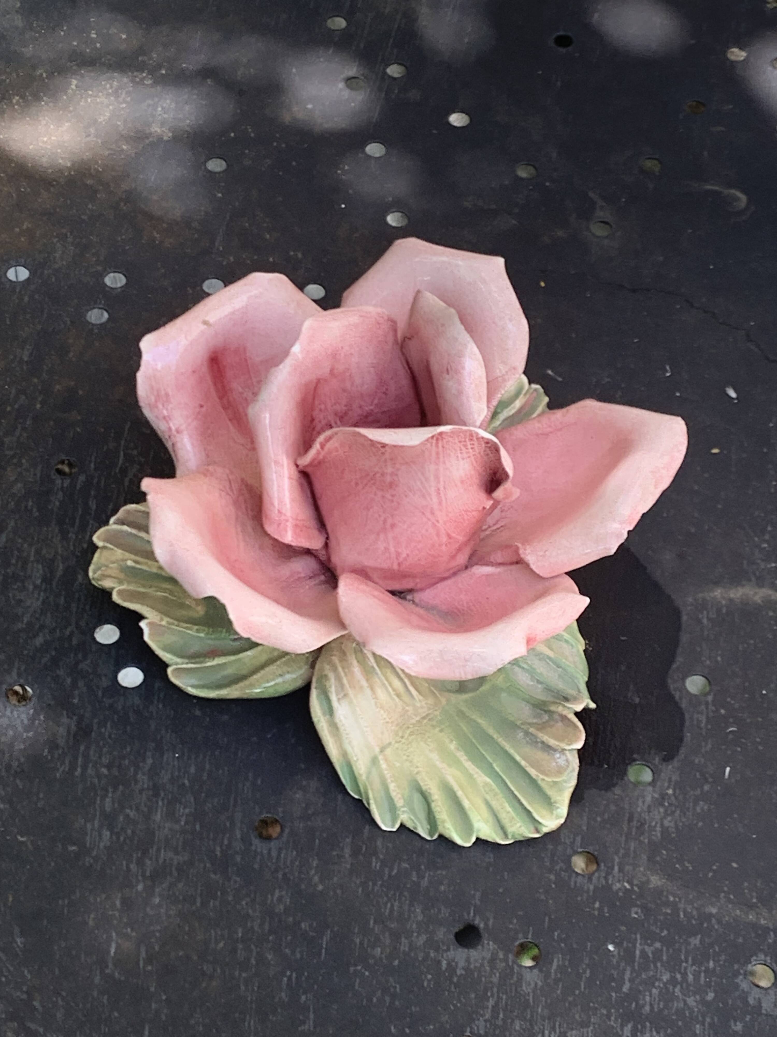 Pink candle holder in slip, old biscuit