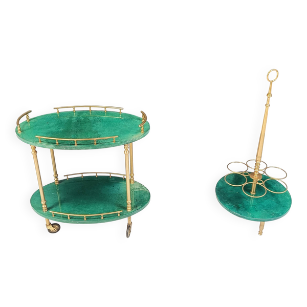 Chariot de bar et porte-bouteilles en peau de chèvre laquée italienne par Aldo Tura