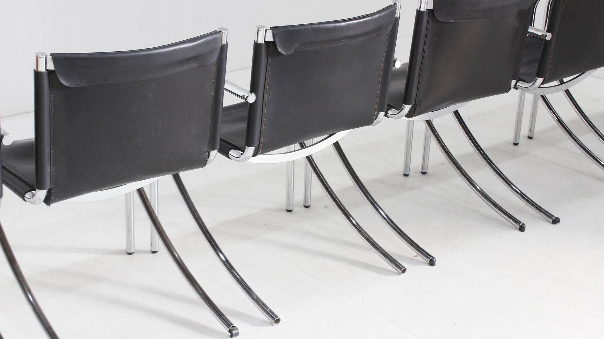 Giotto Stoppino black leather and chrome vintage dining chairs model Jot