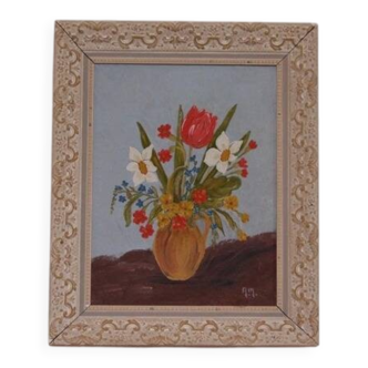 Original Swedish oil on canvas – “Vase” by A.M. – vintage & framed 36 × 44 cm (14.2" × 17.3")