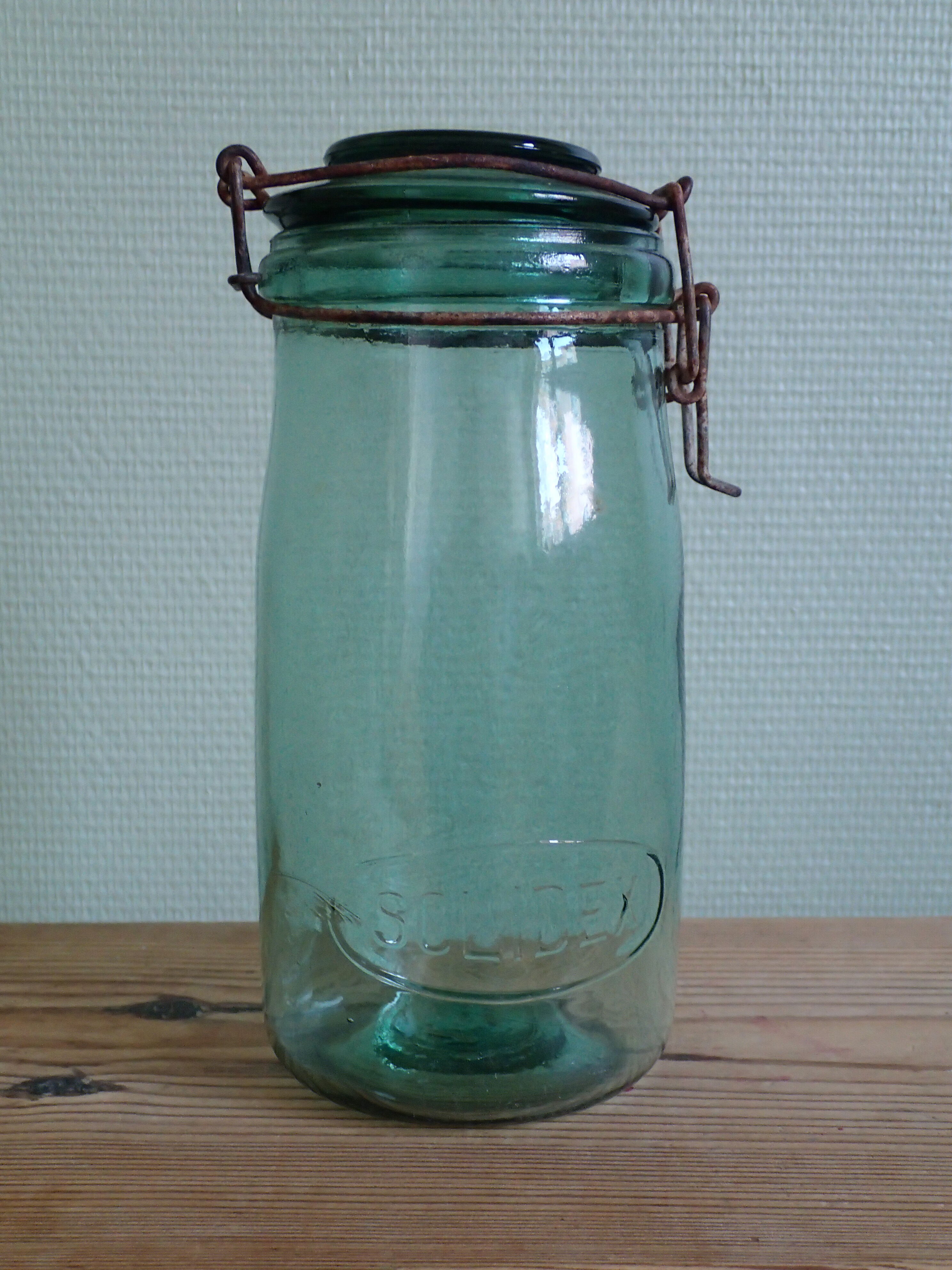 Former Green turquoise Solidex 1 litre glass jar
