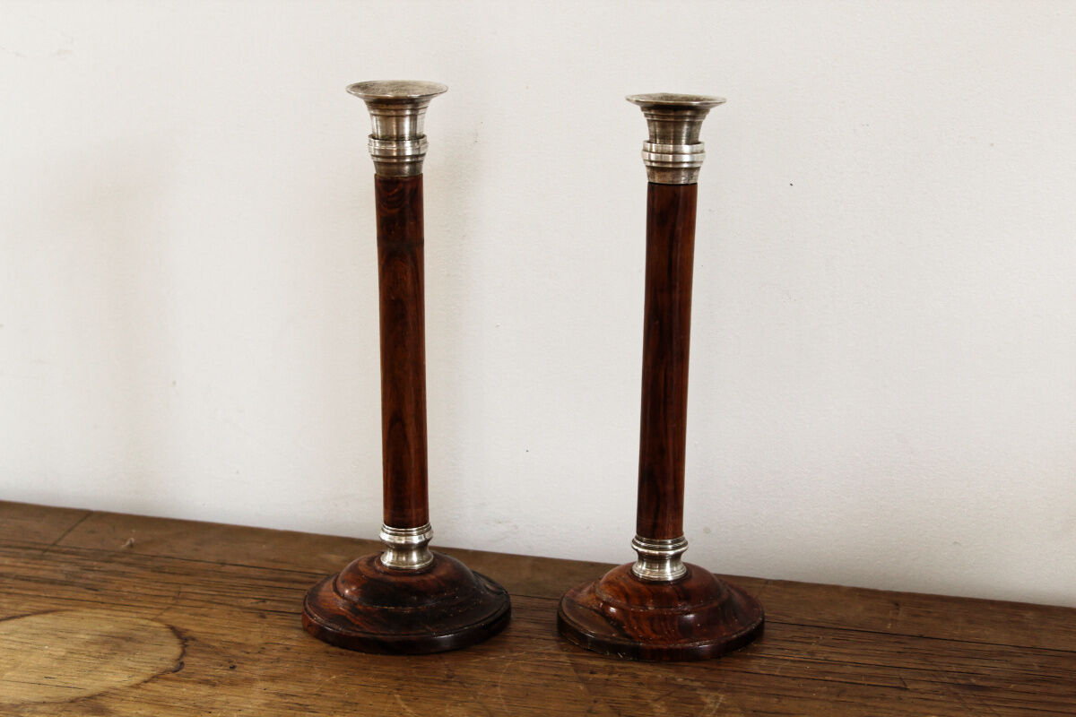 Pair of Indian candle holders, wood and silver metal