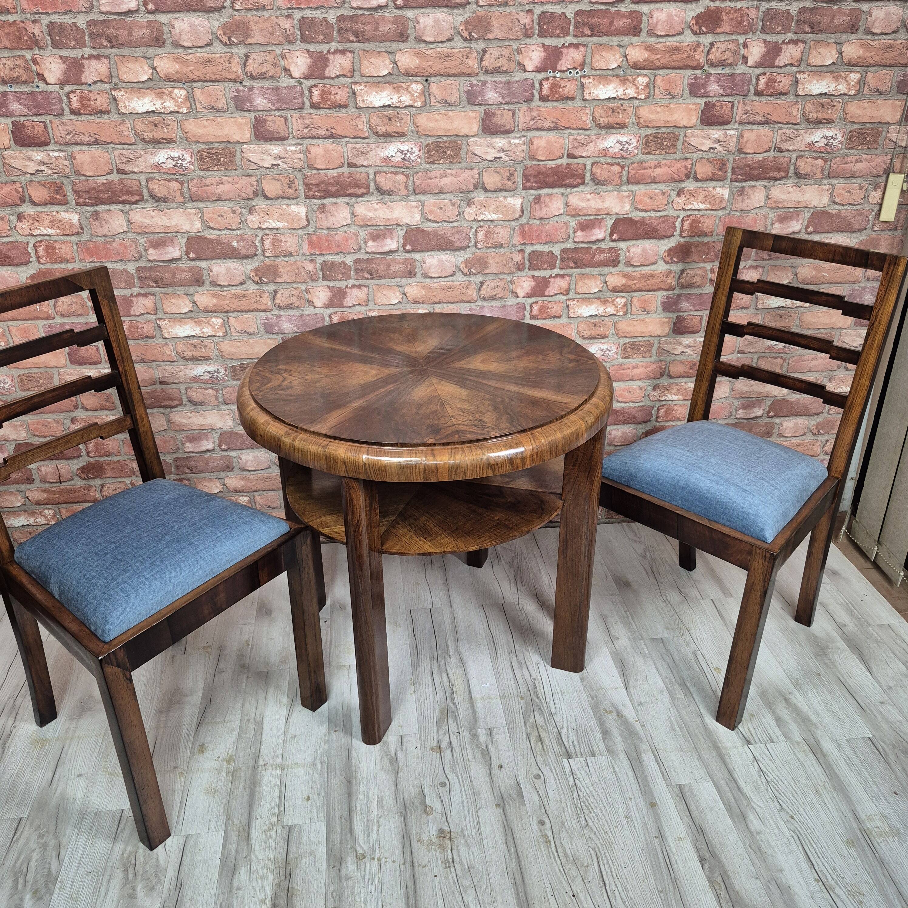 Restored Art Deco Walnut Burl Two-Tier Sunburst Table 1930s