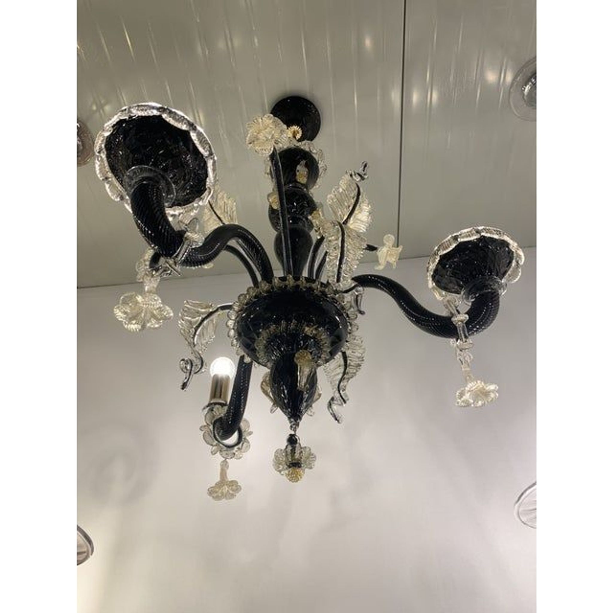 Venetian black and gold murano style glass chandelier with flowers and leaves