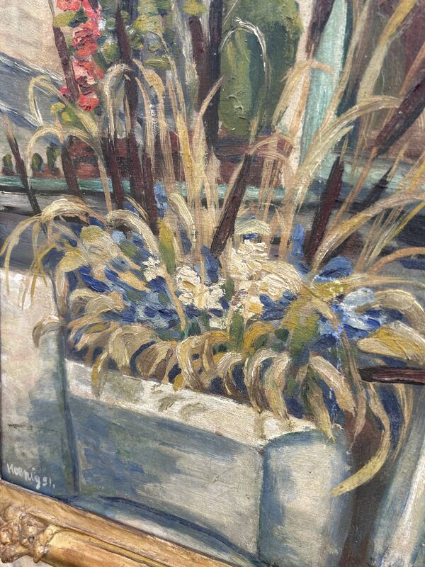 Tableau ancien Nature morte florale – Huile sur carton, 1951