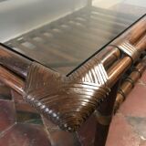 Rattan coffee table and vintage leather link 1970