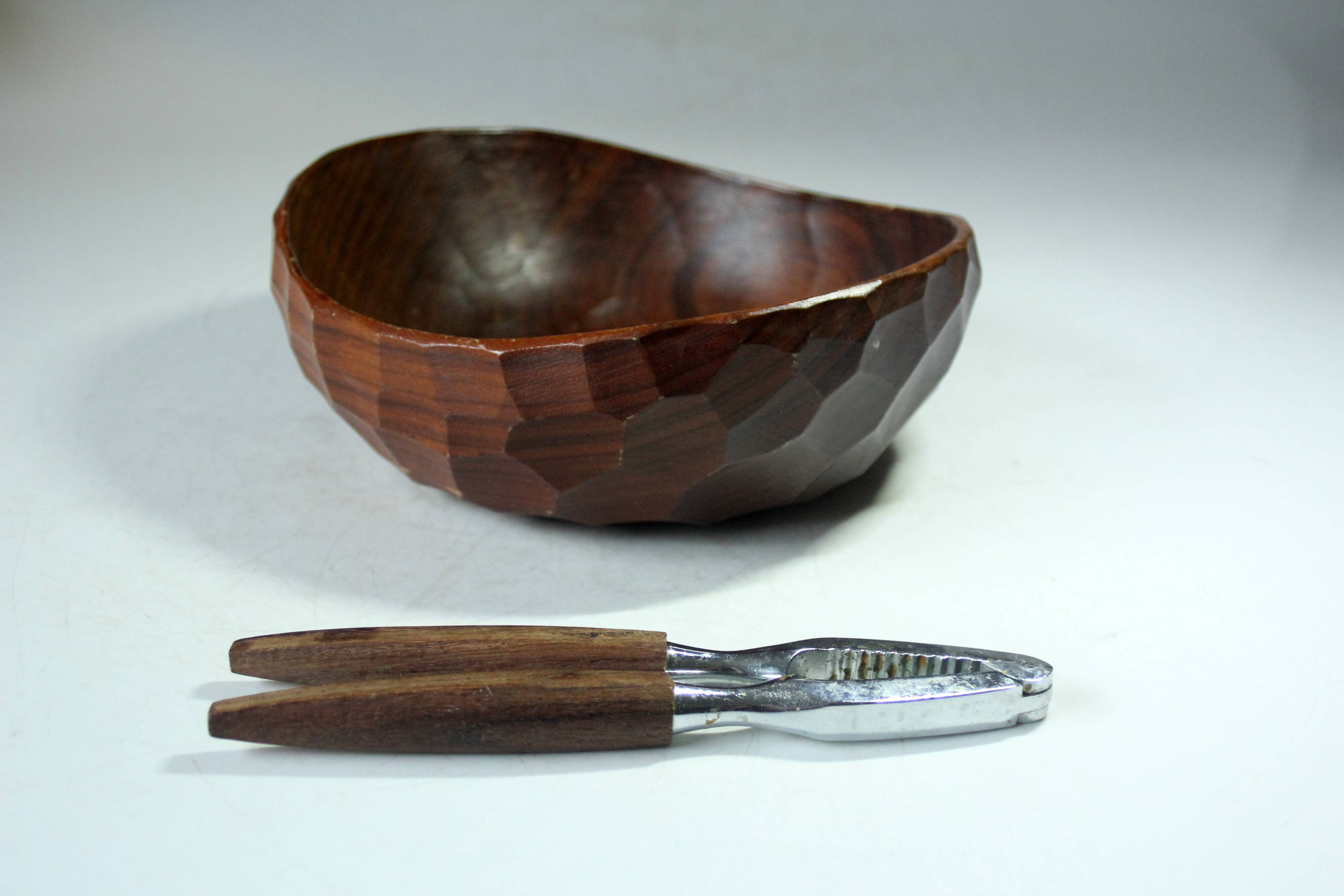 Handmade teak serving bowl with a nutcracker as a set, vintage from the 1960s