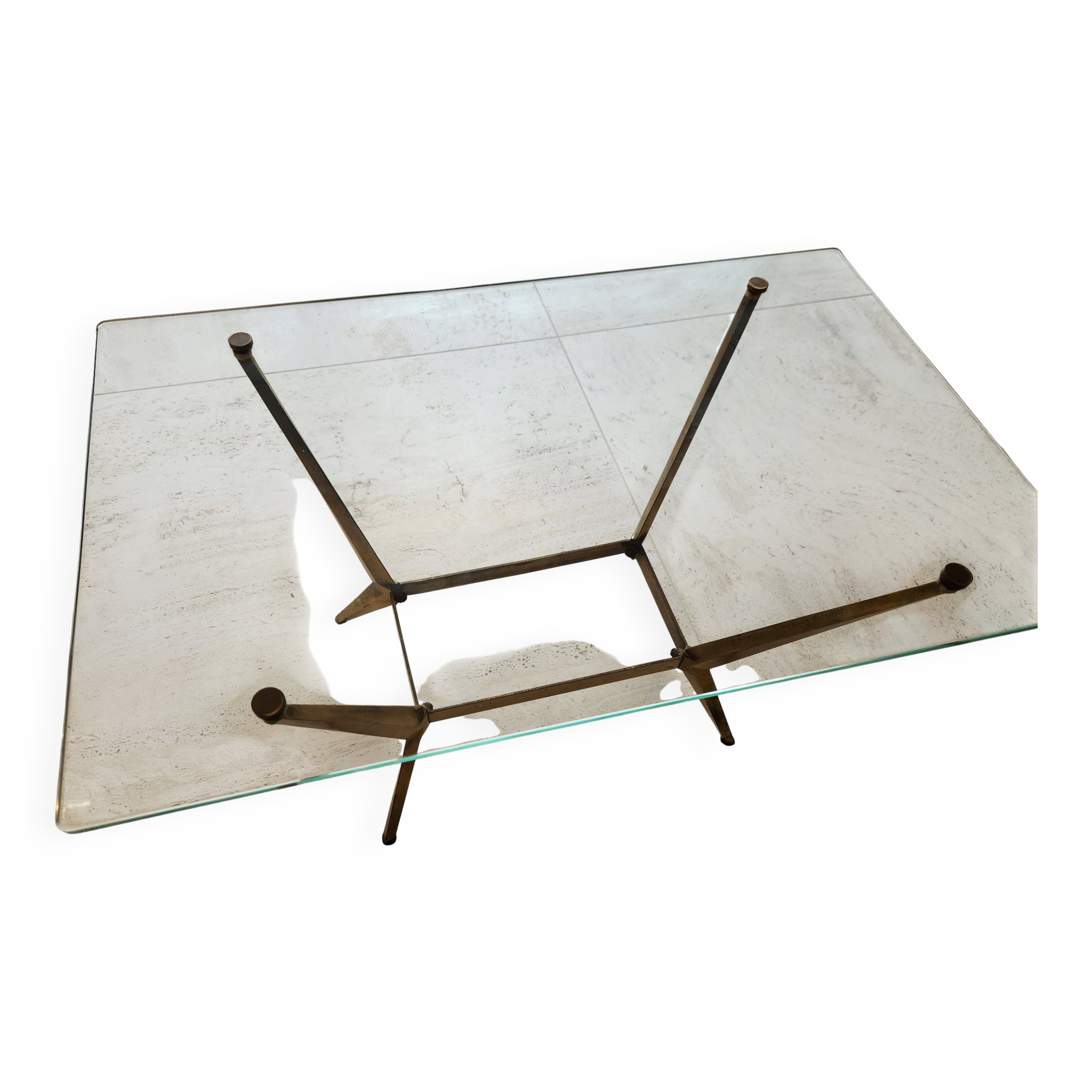 Table basse vintage (années 50) plateau en verre - pieds en bronze