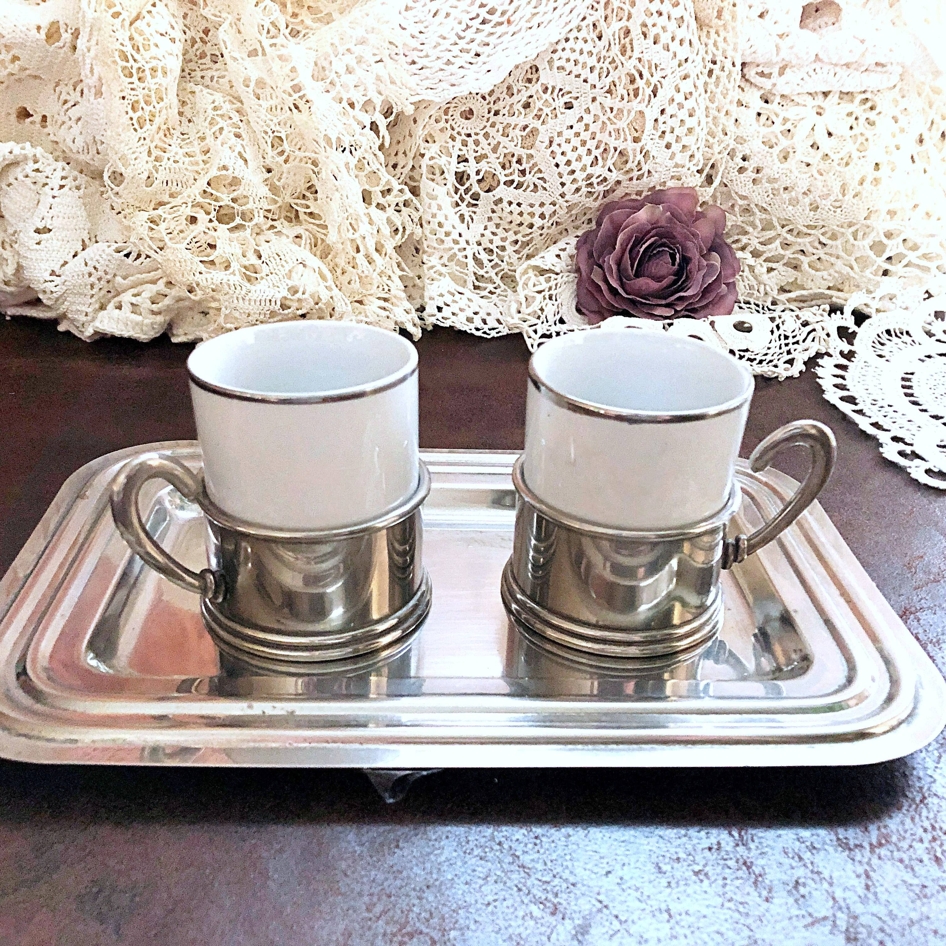 Duo Italian Porcelain Cups with Vintage Monopoly Pewter Holder