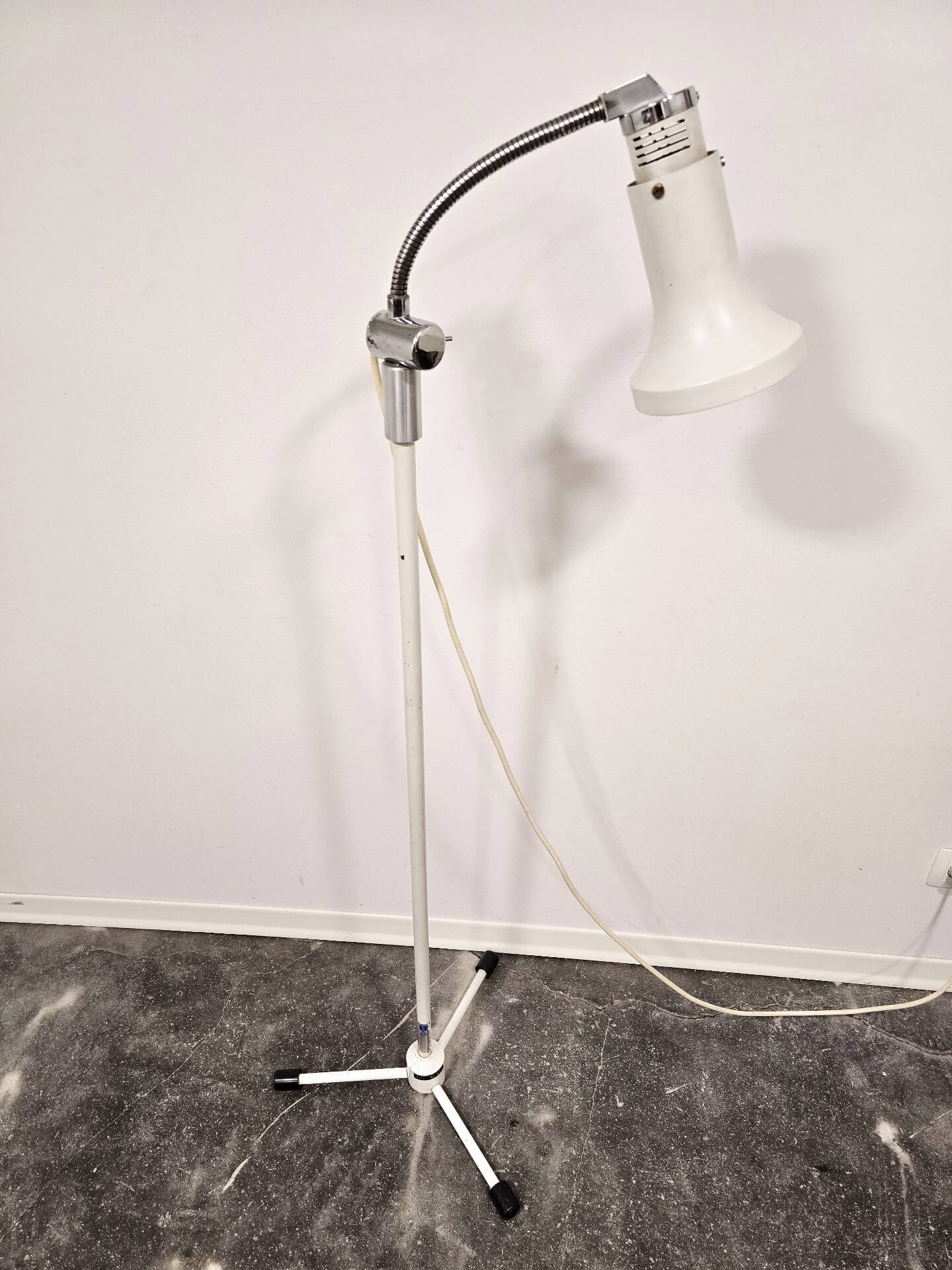 70s Gooseneck Metal Floor Lamp, Adjustable Height Tripod Base