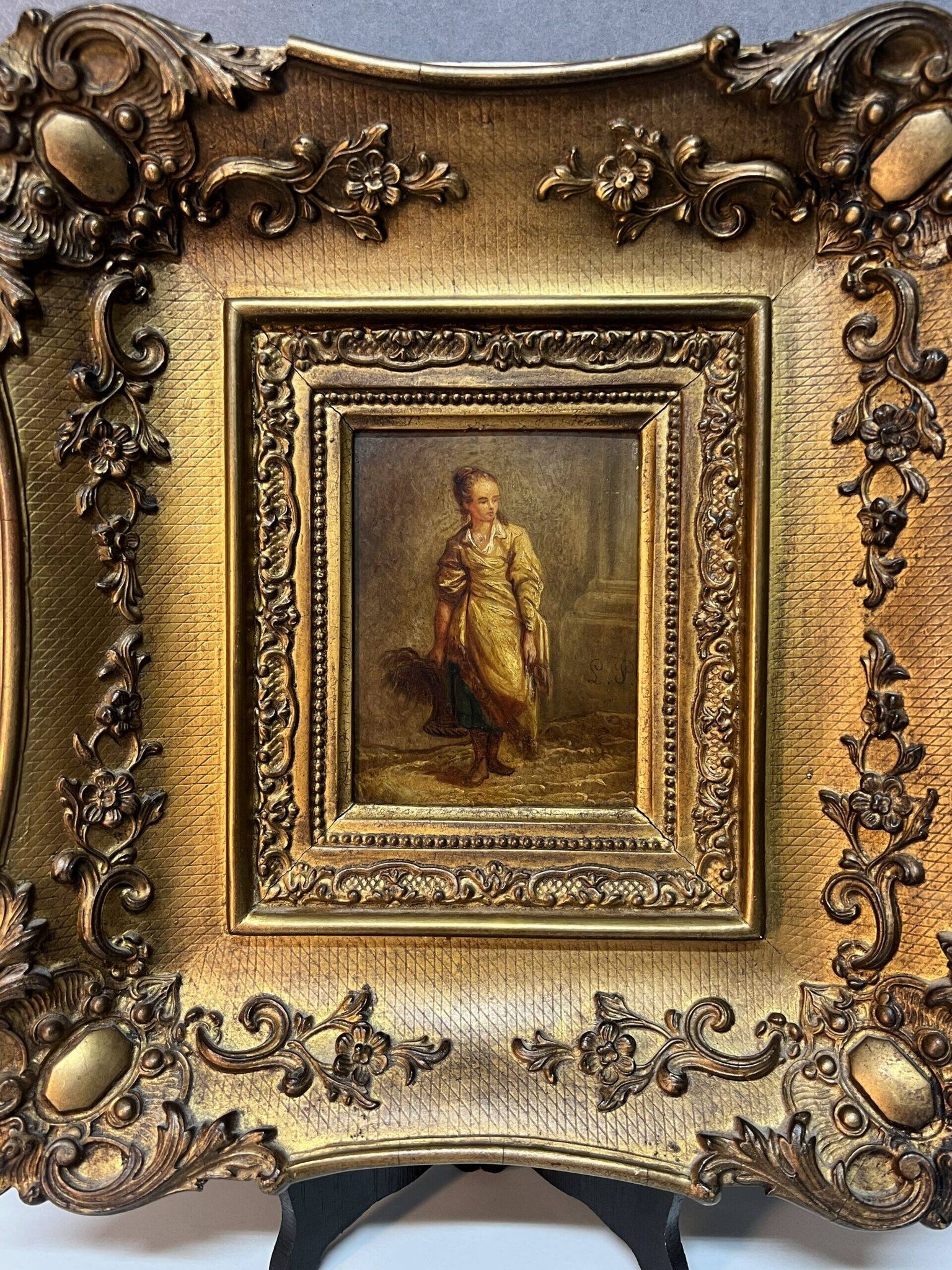 Oil on wood panel, woman with basket, signed LP, Jean Baptiste Le Prince?
