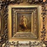 Oil on wood panel, woman with basket, signed LP, Jean Baptiste Le Prince?