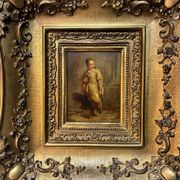 Oil on wood panel, woman with basket, signed LP, Jean Baptiste Le Prince?