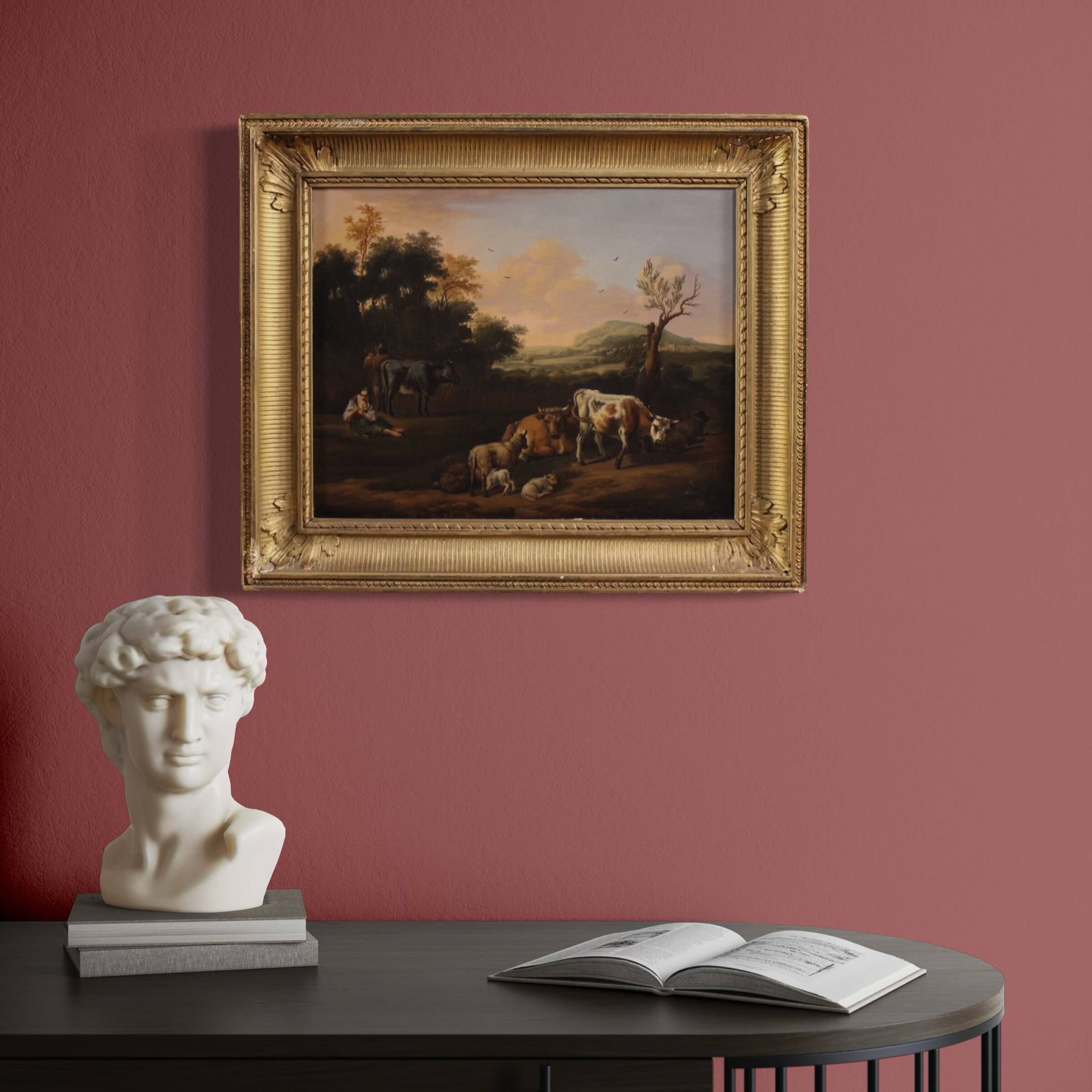 Antique Flemish bucolic landscape painting from the 18th century