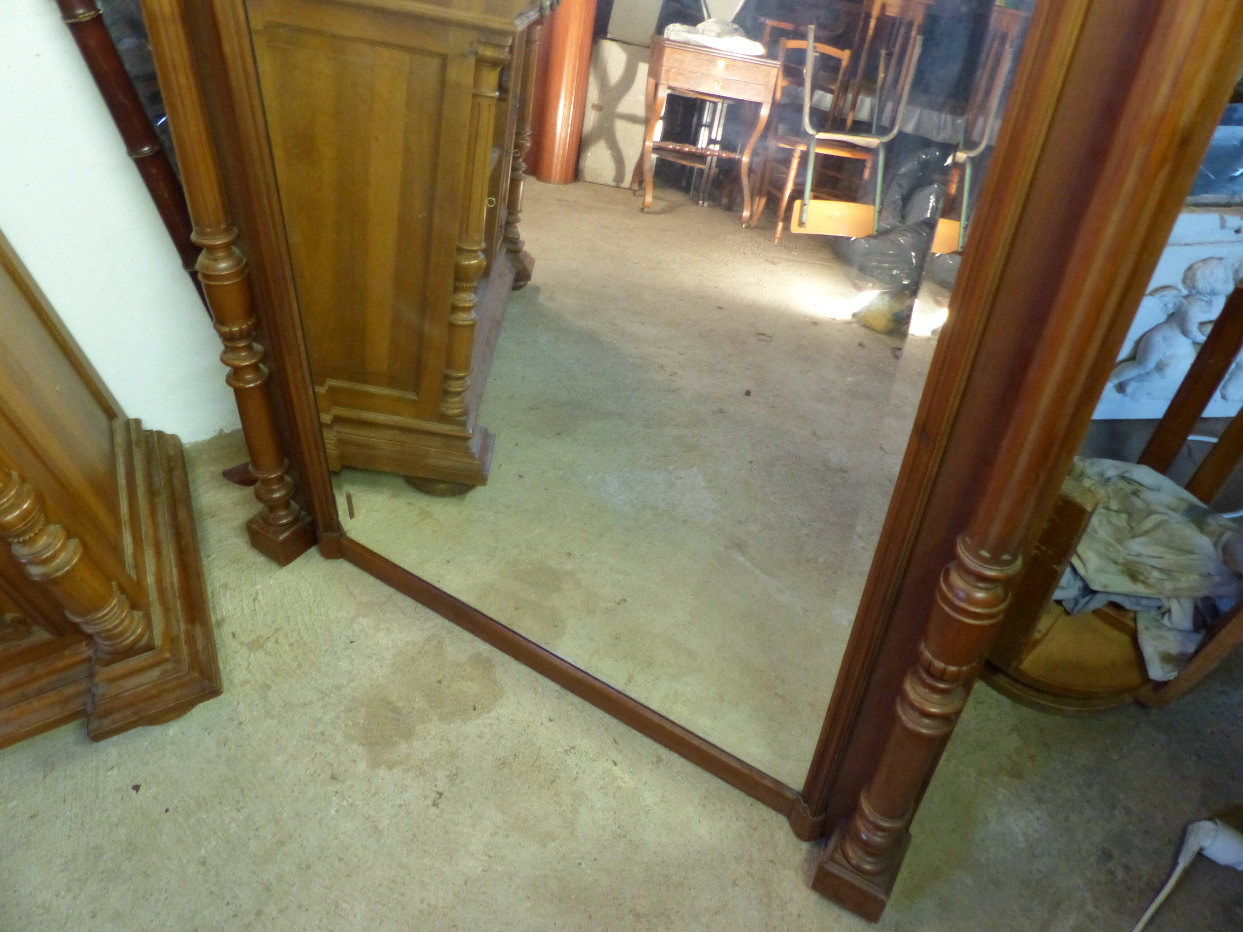 Old very large mirror Henri 2 wooden frame with columns beveled glass