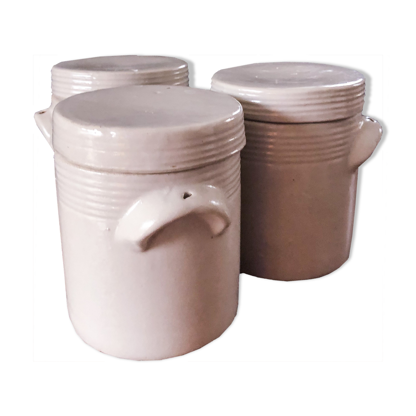 Set de 3 anciens pots à condiments en grès Selency