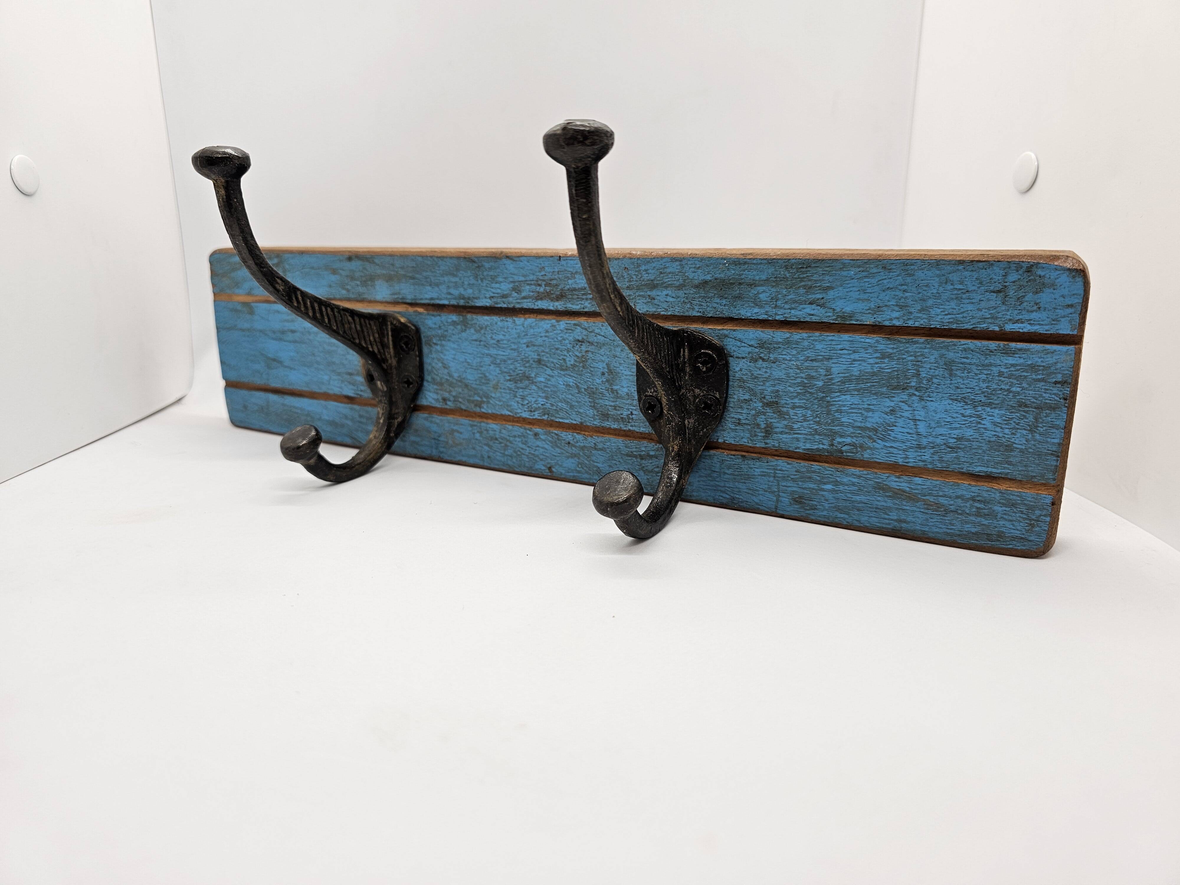 Solid teak coat hook with 2 double cast iron hooks