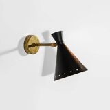 Set of three Italian wall lights in brass and lacquered iron, 1950s design.