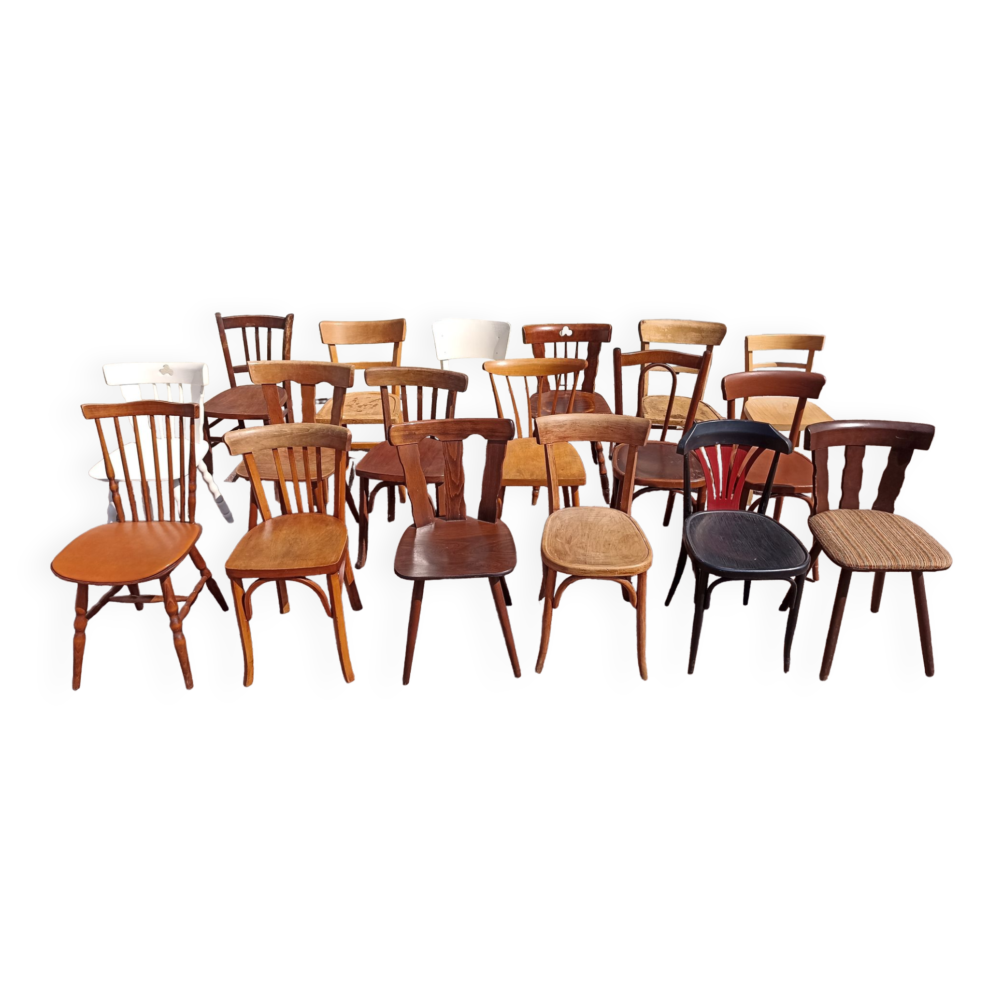 Set of 18 mismatched wooden bistro chairs - vintage