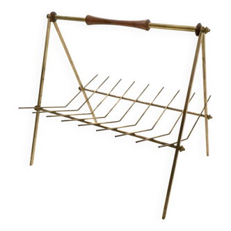 Minimal Vintage Brass and Solid Wood Magazine Rack, Italy