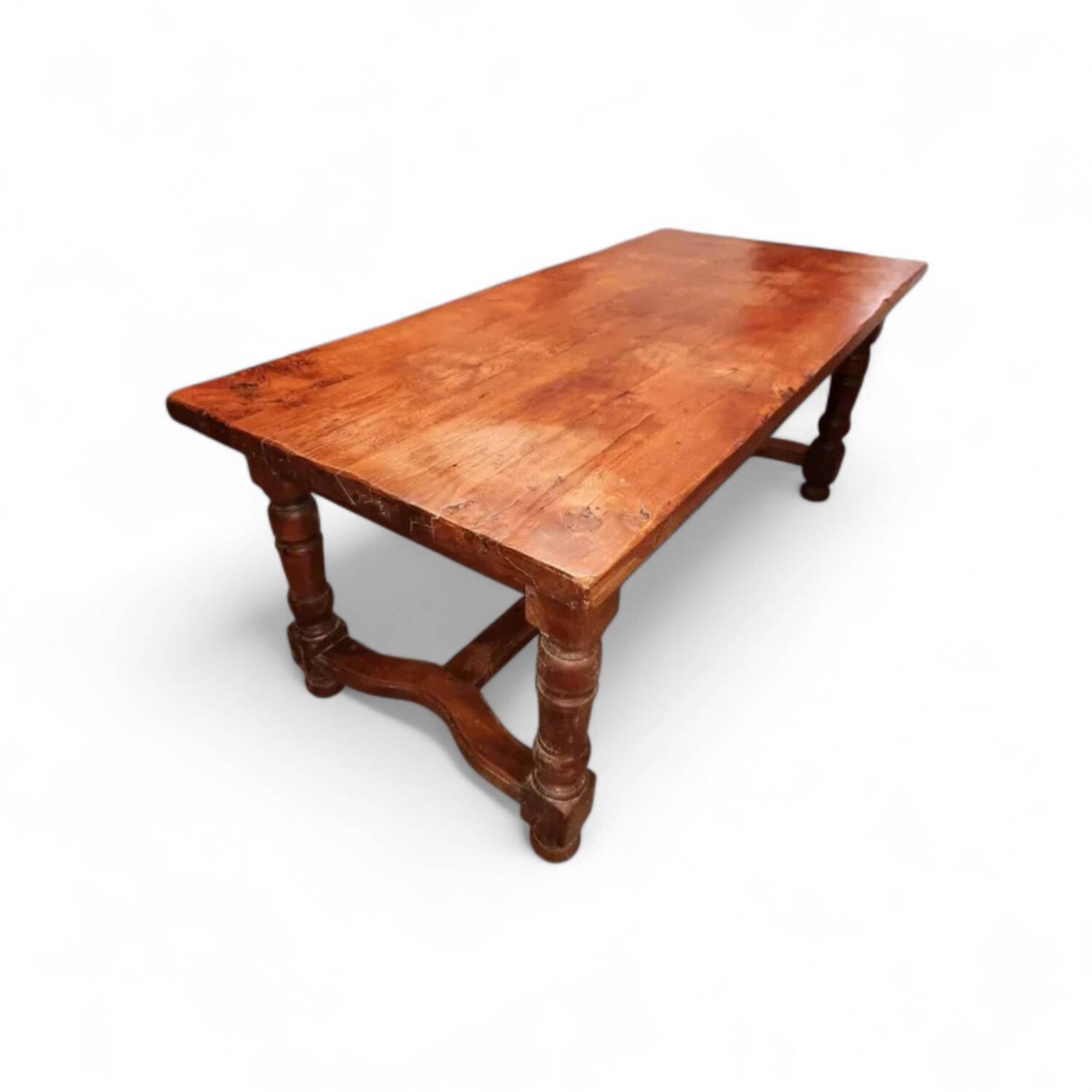 Large Antique Farm Table 190cm - Turned Legs & Stretcher - Bo