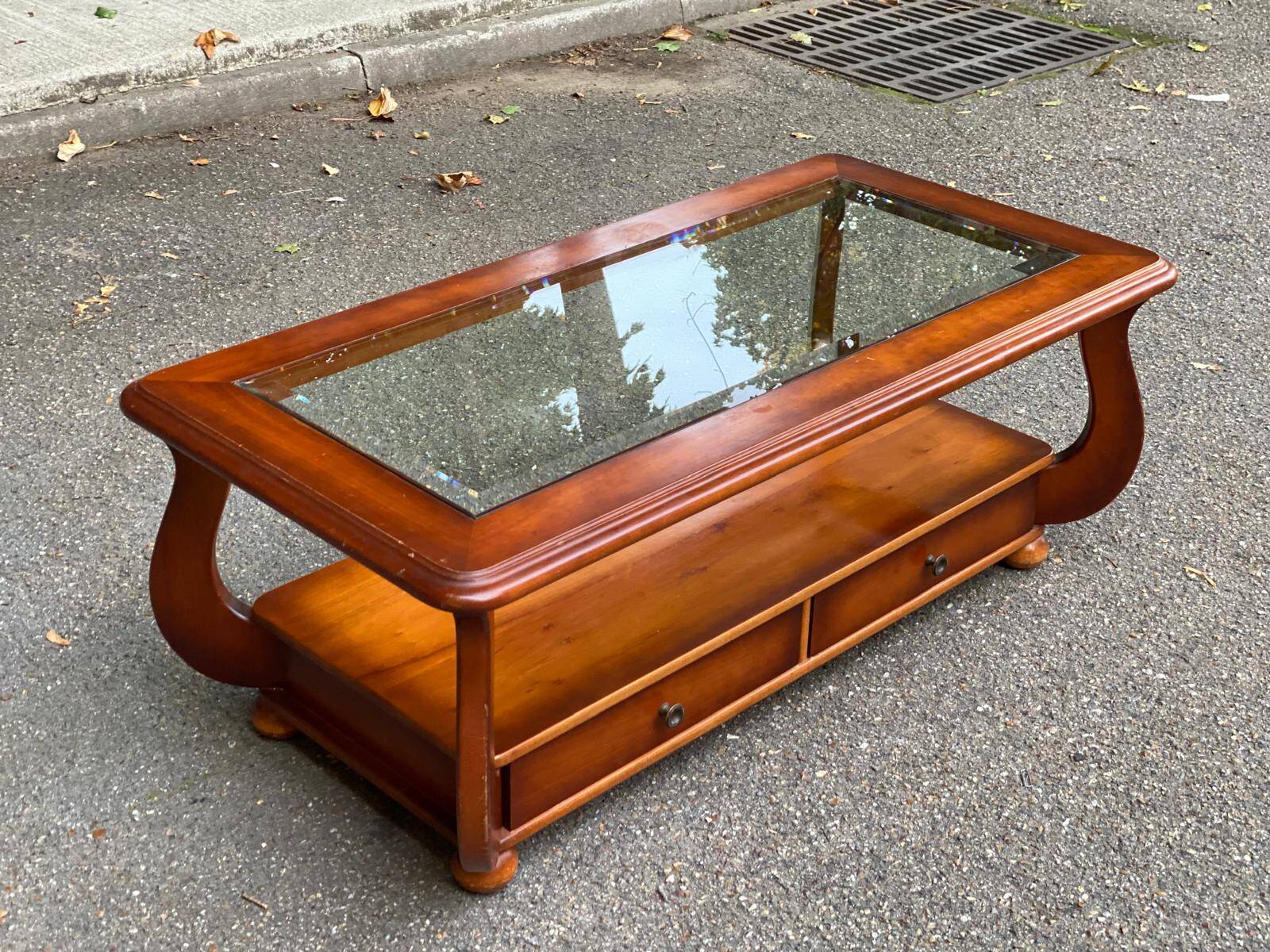 Louis XIV coffee table in solid wood and glass with 2 drawers
