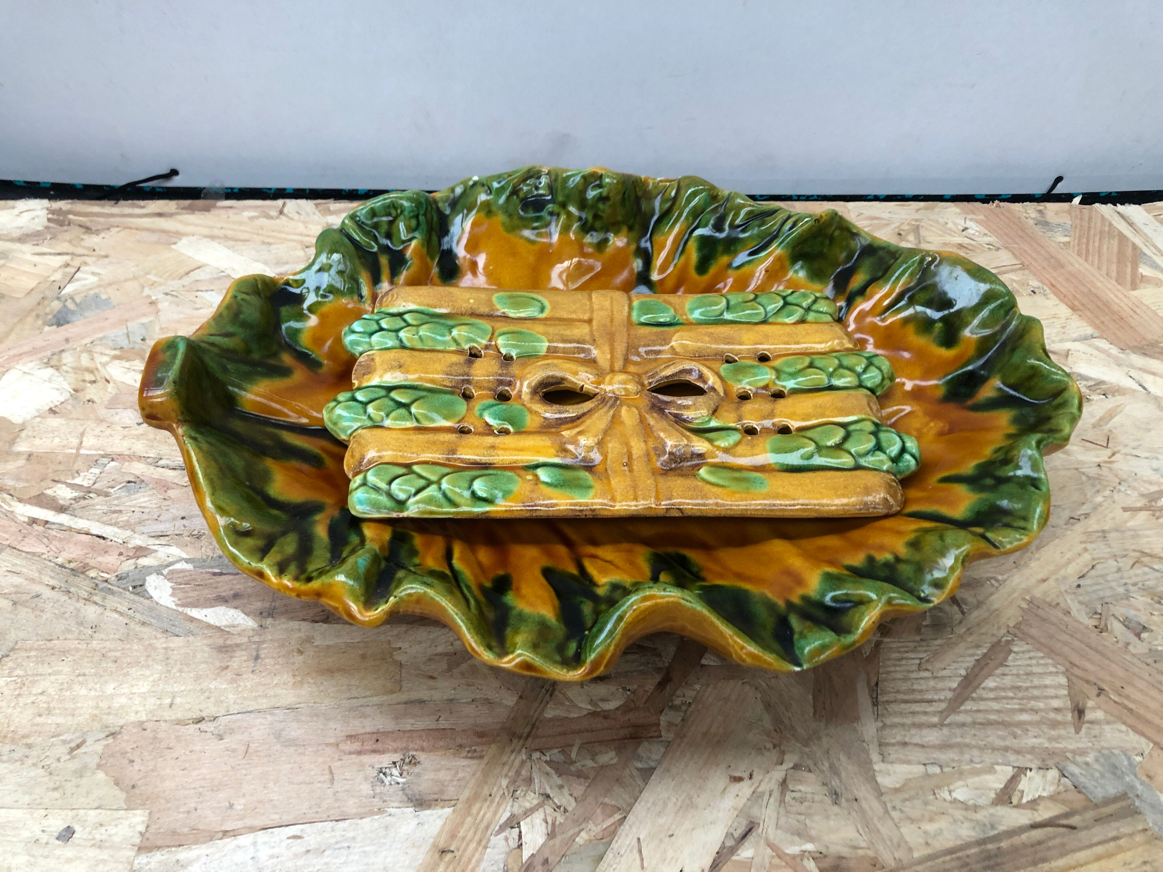Old asparagus dish vallauris d.m. ceramic green & yellow vintage