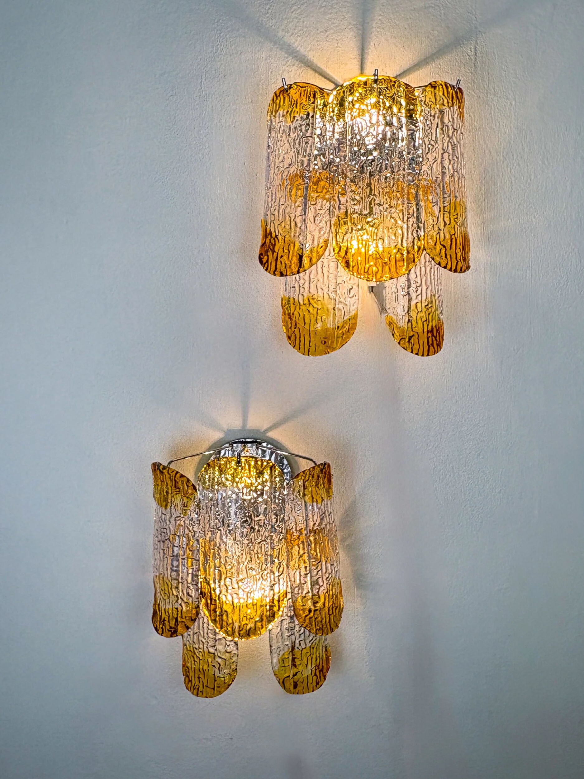 Pair of two-tier Mazzega Murano wall sconces, orange frosted glass, Italy, 1960s