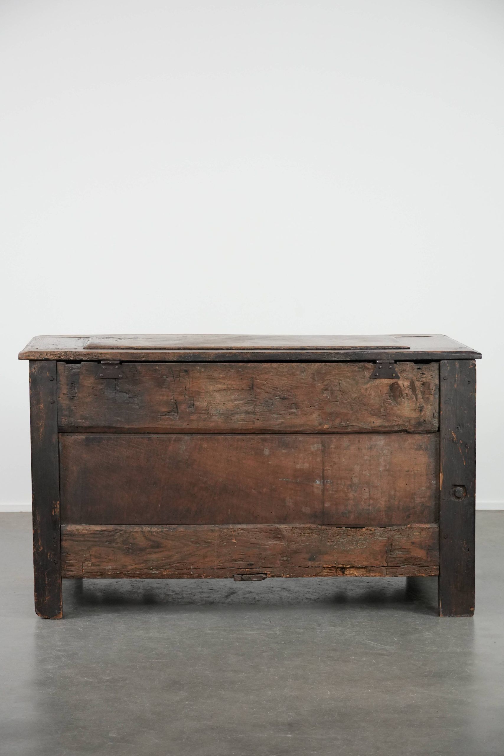 Large antique panelled English oak chest from the 18th century