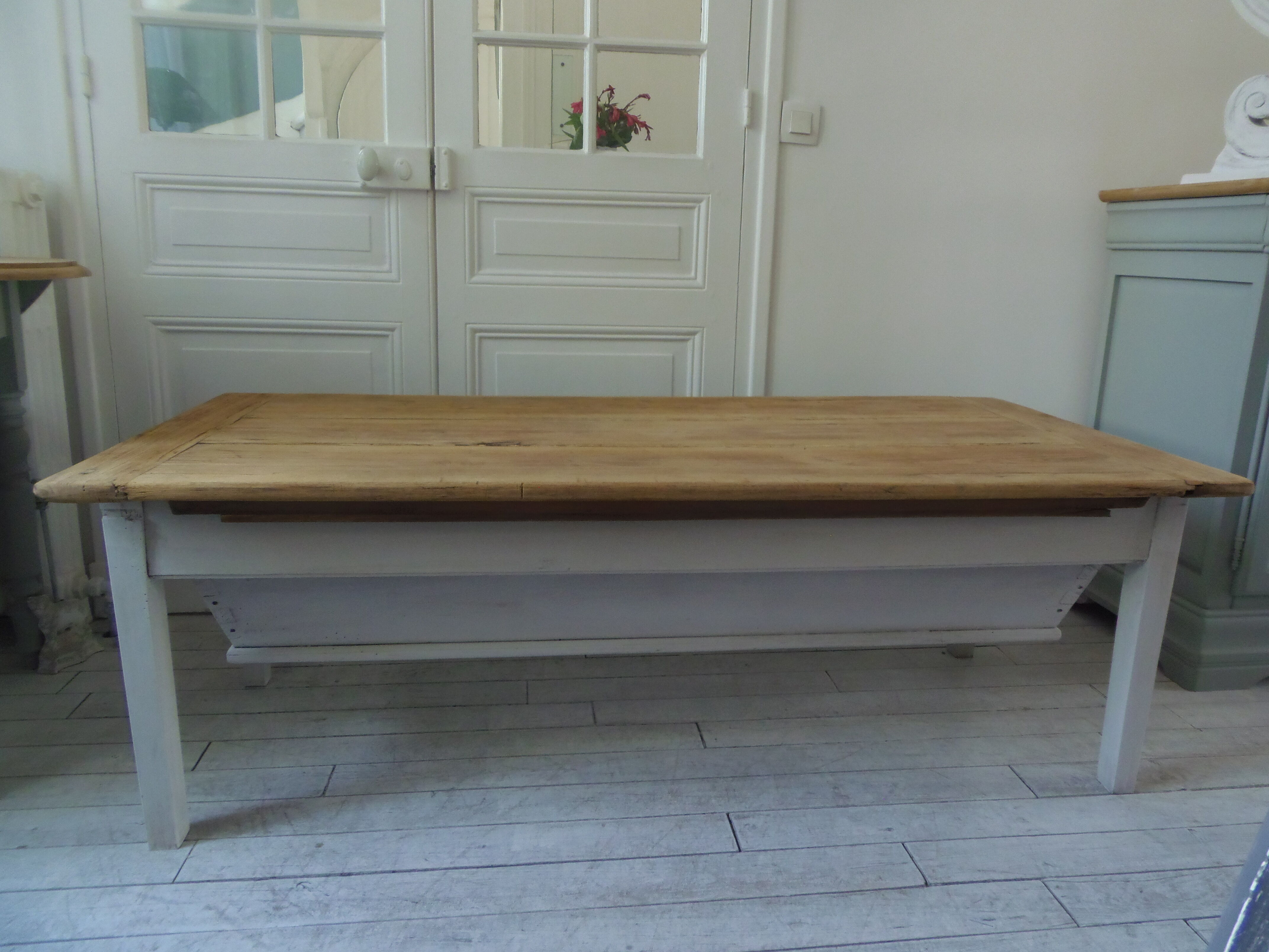 Coffee table made from an authentic farmhouse table, leg patinated pearl gray