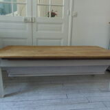 Coffee table made from an authentic farmhouse table, leg patinated pearl gray