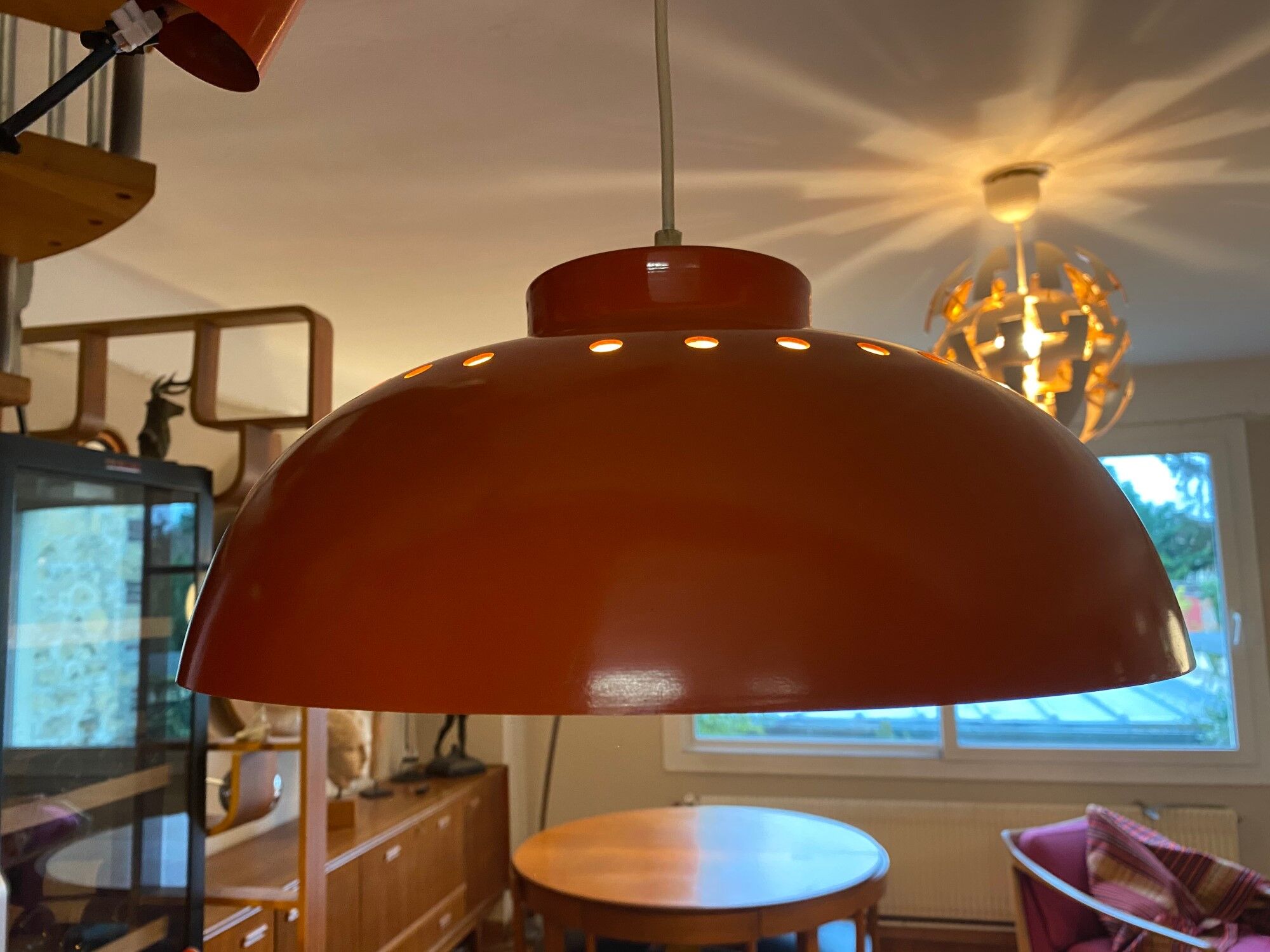 Red lacquered metal chandelier