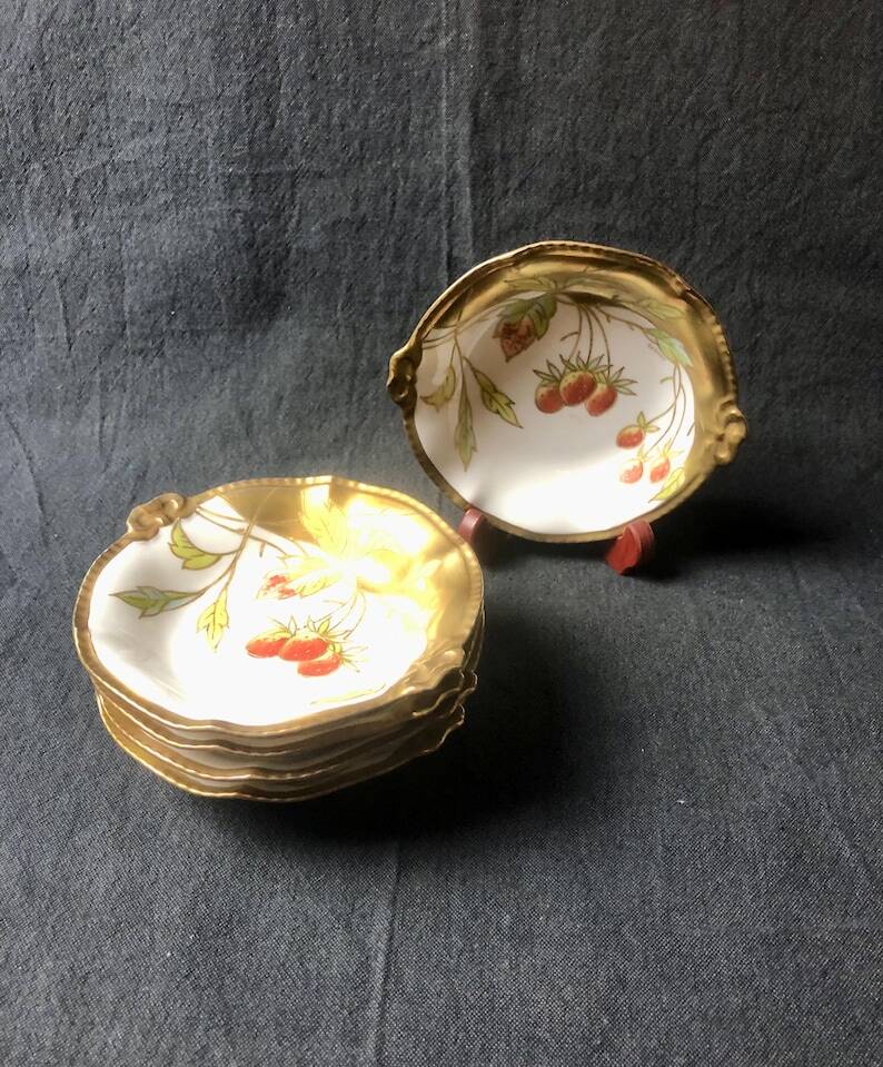 Five Antique Limoges Porcelain Berry Plates: Hand-Painted Gilbert, Gilded
