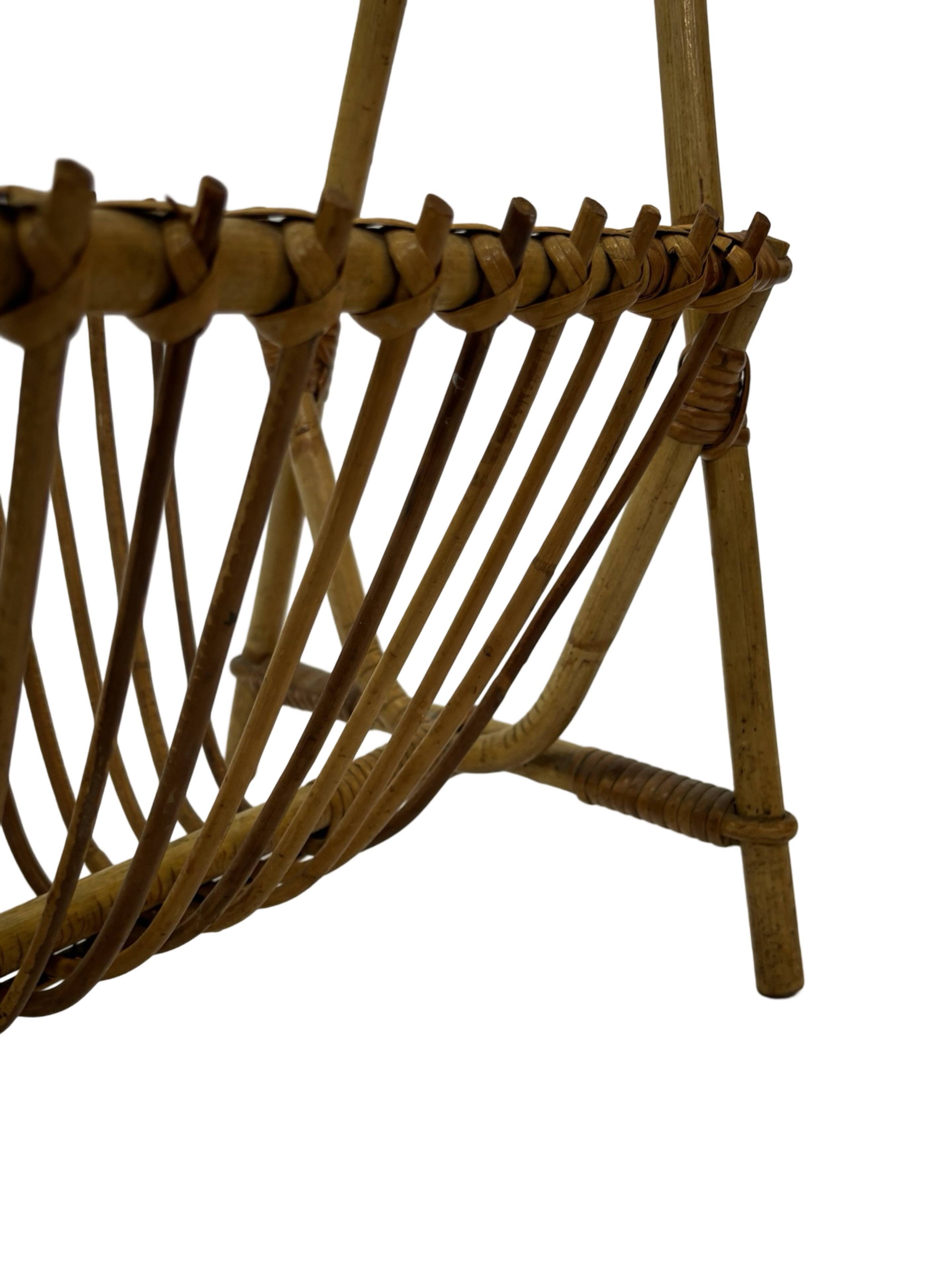Vintage Rattan Magazine Basket Newspaper Rack 60s Rohe