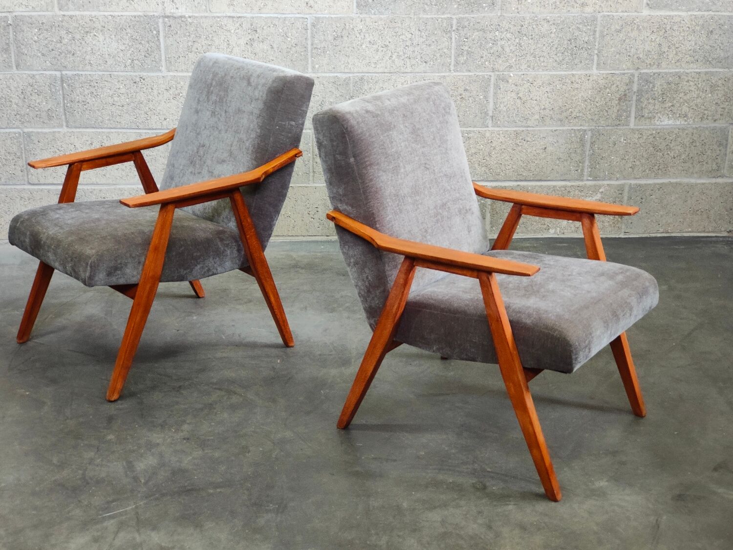 Pair of armchairs czechoslovakian midcentury renovated gray velvet