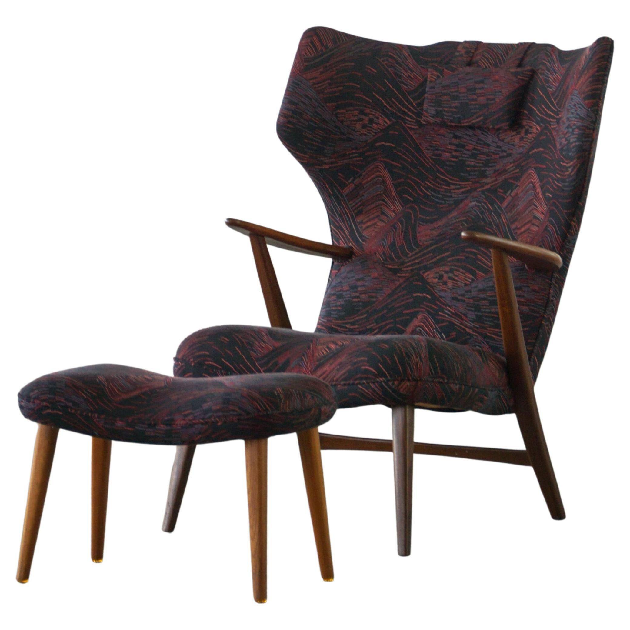 Madsen & Schubell, accent chair and stool in teak, reupholstered, 1950s
