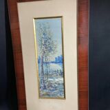 Large watercolor from the early 20th century, signed landscape of a wooded river bank
