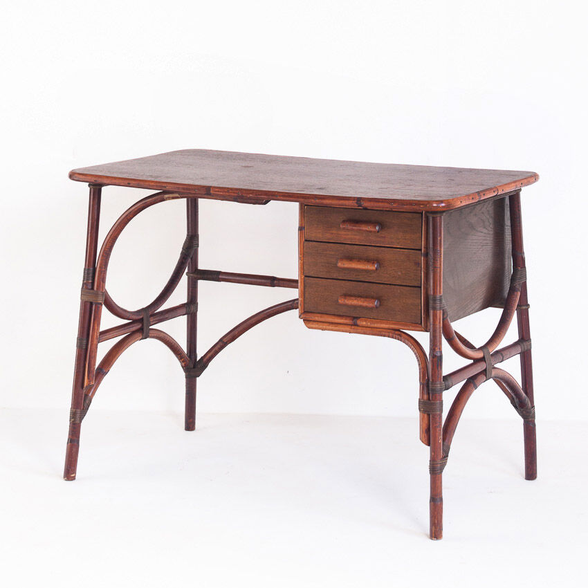 Bureau vintage en rotin et bois à tiroirs France années 1960