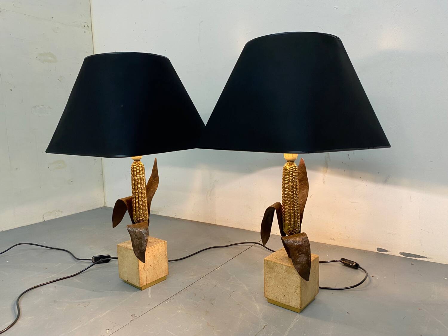 Vintage Bronze, Brass and Travertin Table Lamps in the manner of Maison Charles, 1970s, Set of 2