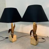 Vintage Bronze, Brass and Travertin Table Lamps in the manner of Maison Charles, 1970s, Set of 2