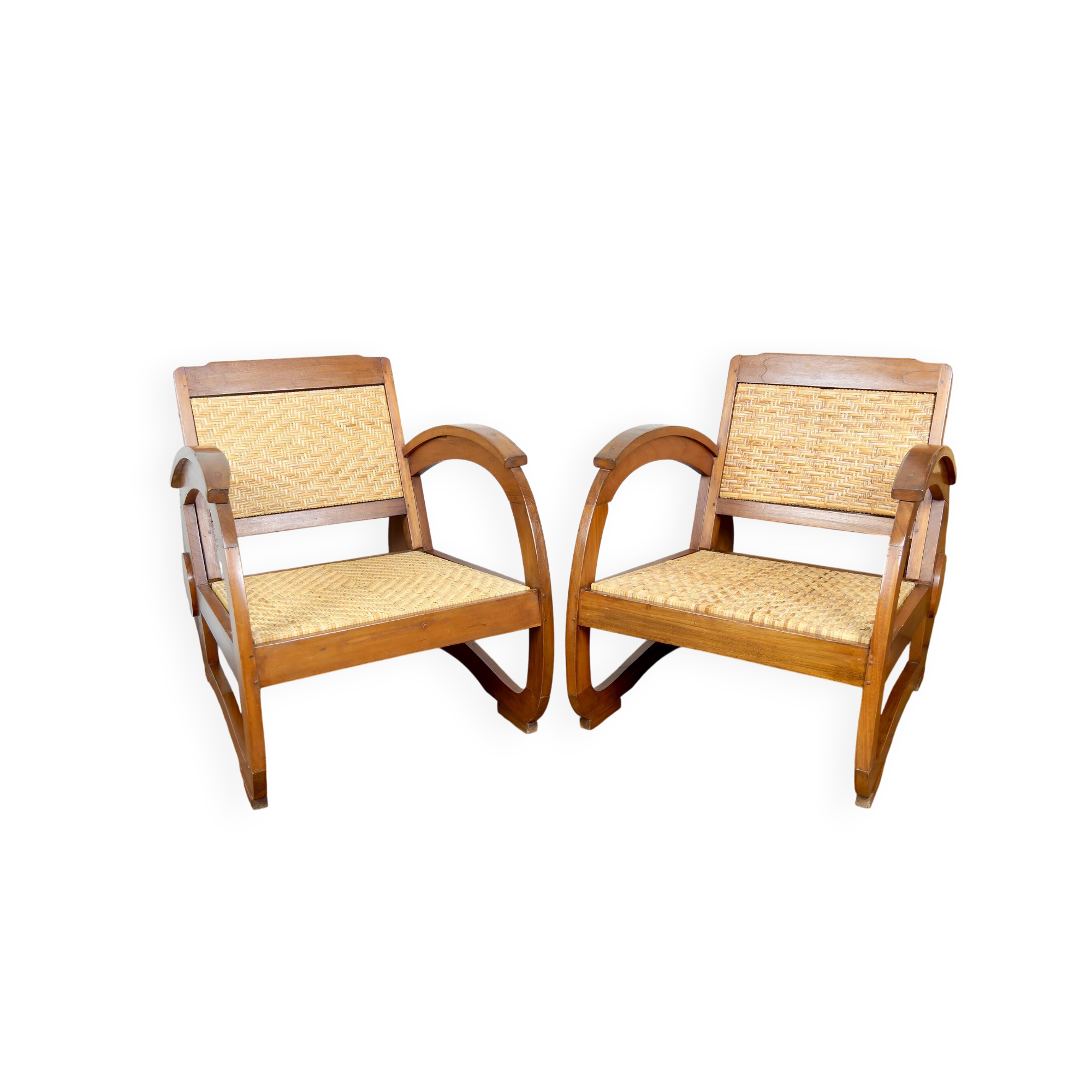 Pair of Teak Armchairs with Woven Rattan Seats, Colonial Art Deco, 1925
