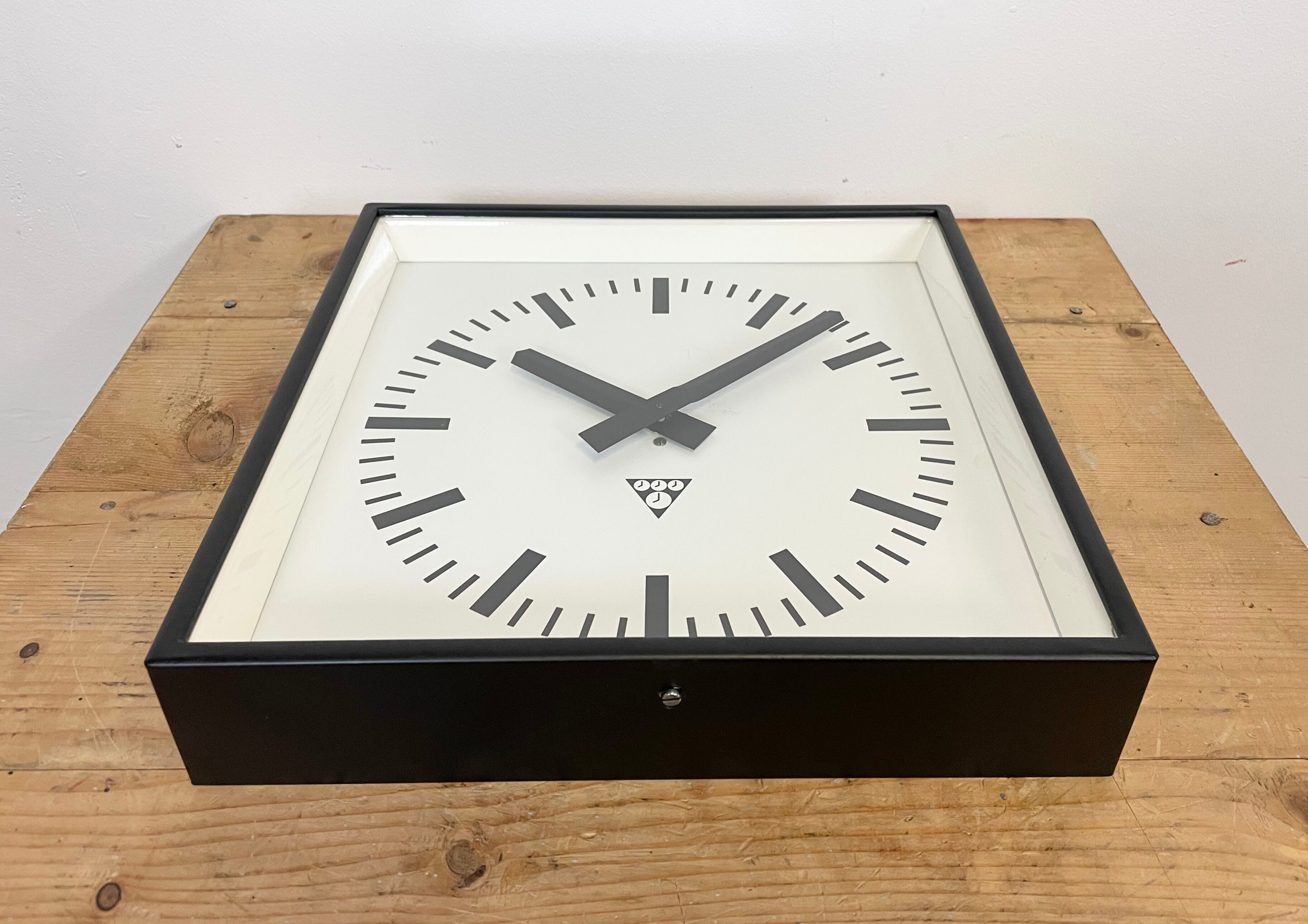 Black Industrial Square Wall Clock from Pragotron, 1970s